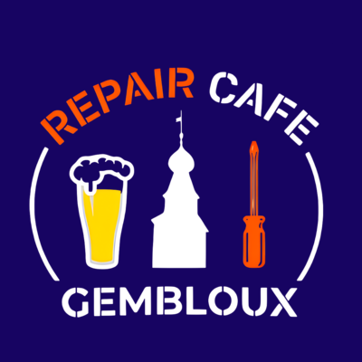 Logo du Repair Café Gembloux : un verre de bière, le beffroi de
                    Gembloux et un tournevis